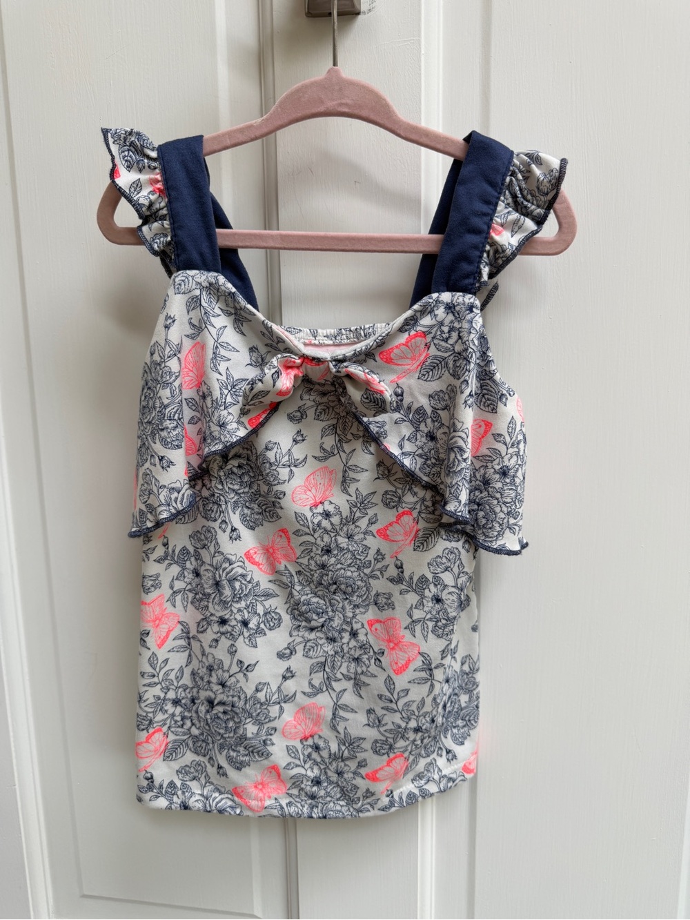Little Lass Girls 5 White Blue Floral Butterfly Short Sleeve Top Blouse